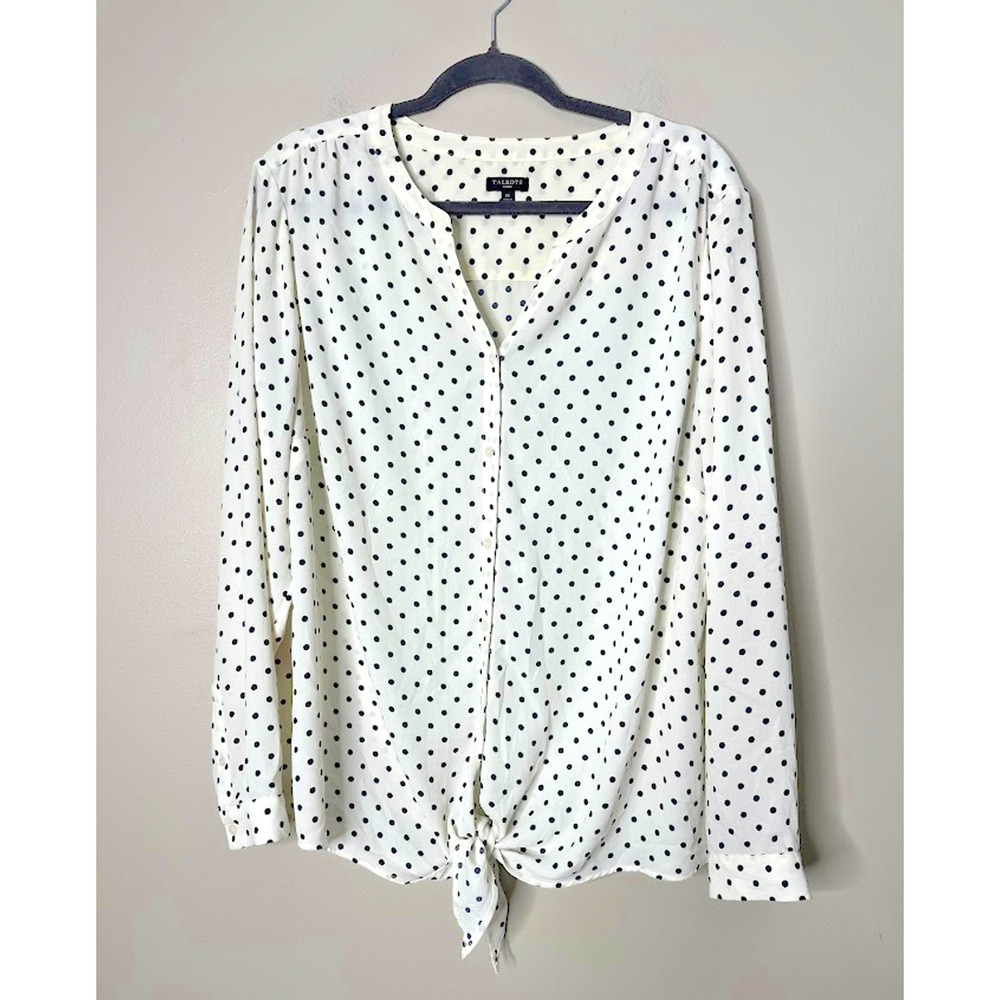 Talbots Womens Top Size 1X‎ Cream Blue Polka Dot Button Up Semi Sheer Tie Front